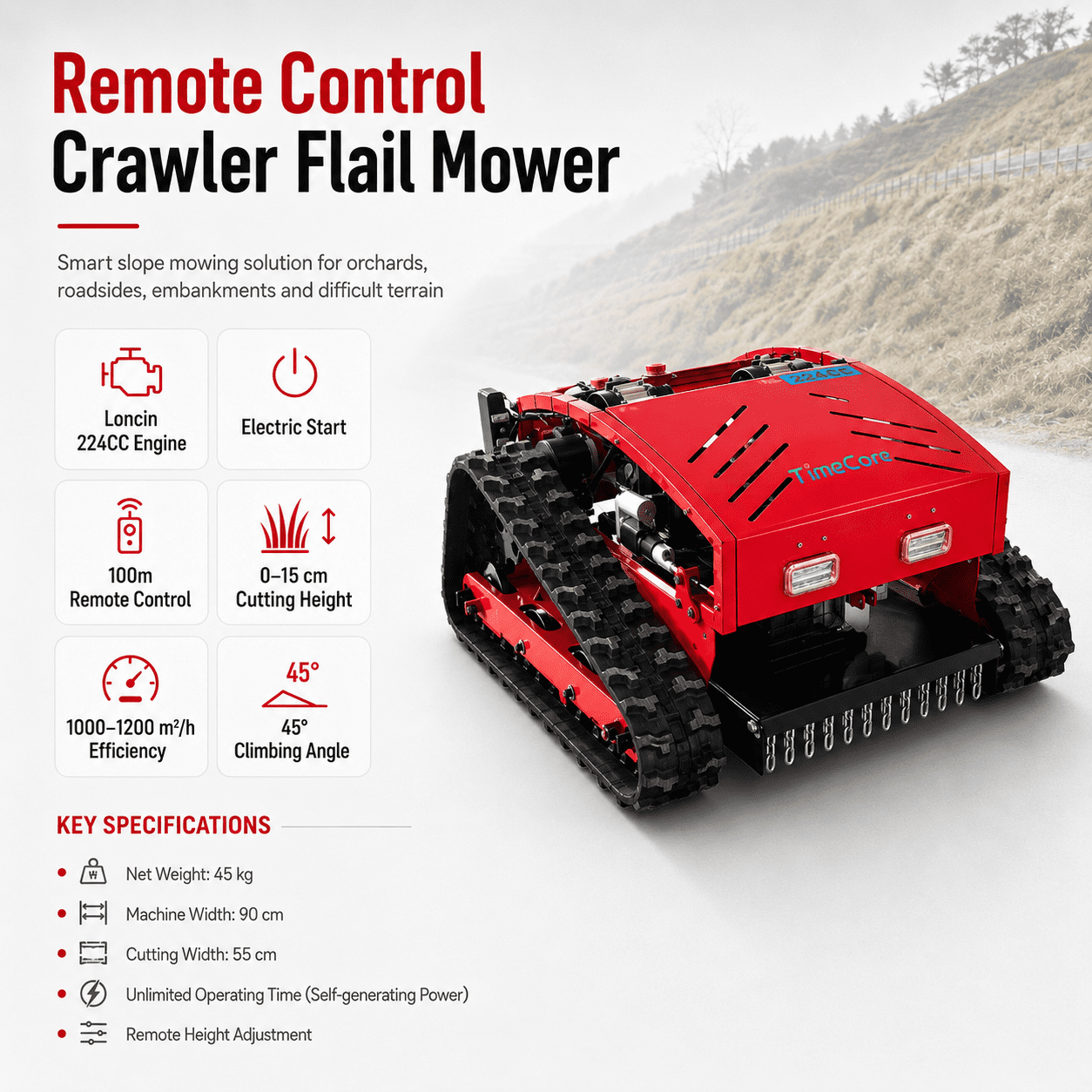 Remote Control Crawler Flail Mower with 224CC Engine for Slope and Orchard Mowing